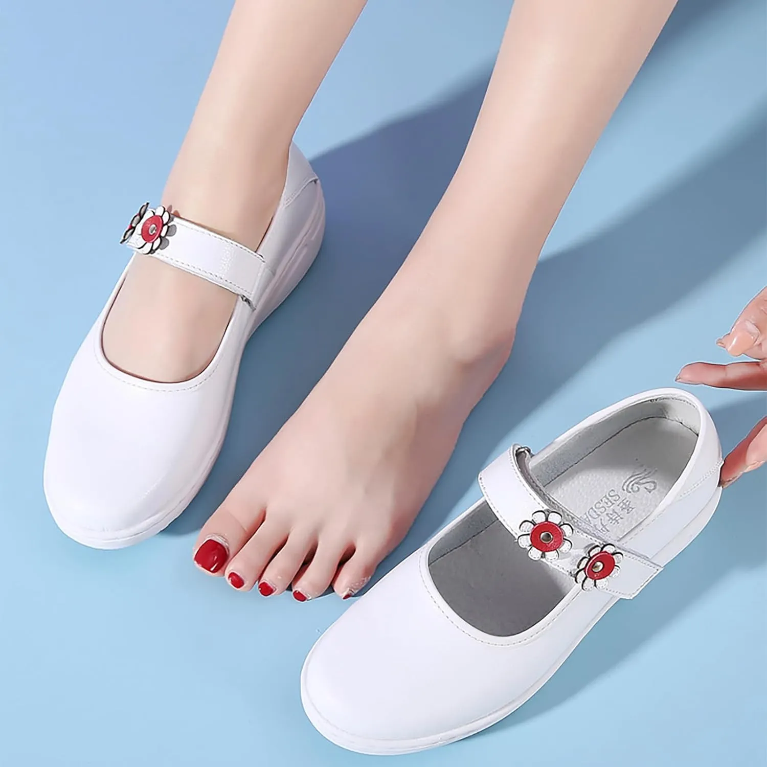 Womens Flower Orthopedic Platform Mary Jane Walking Shoes Adjustable Hook and Loop Hollow Comfort Arch Support Wedge Nursing Shoes Casual Non-Slip Breathable Toning Rocker Shoes