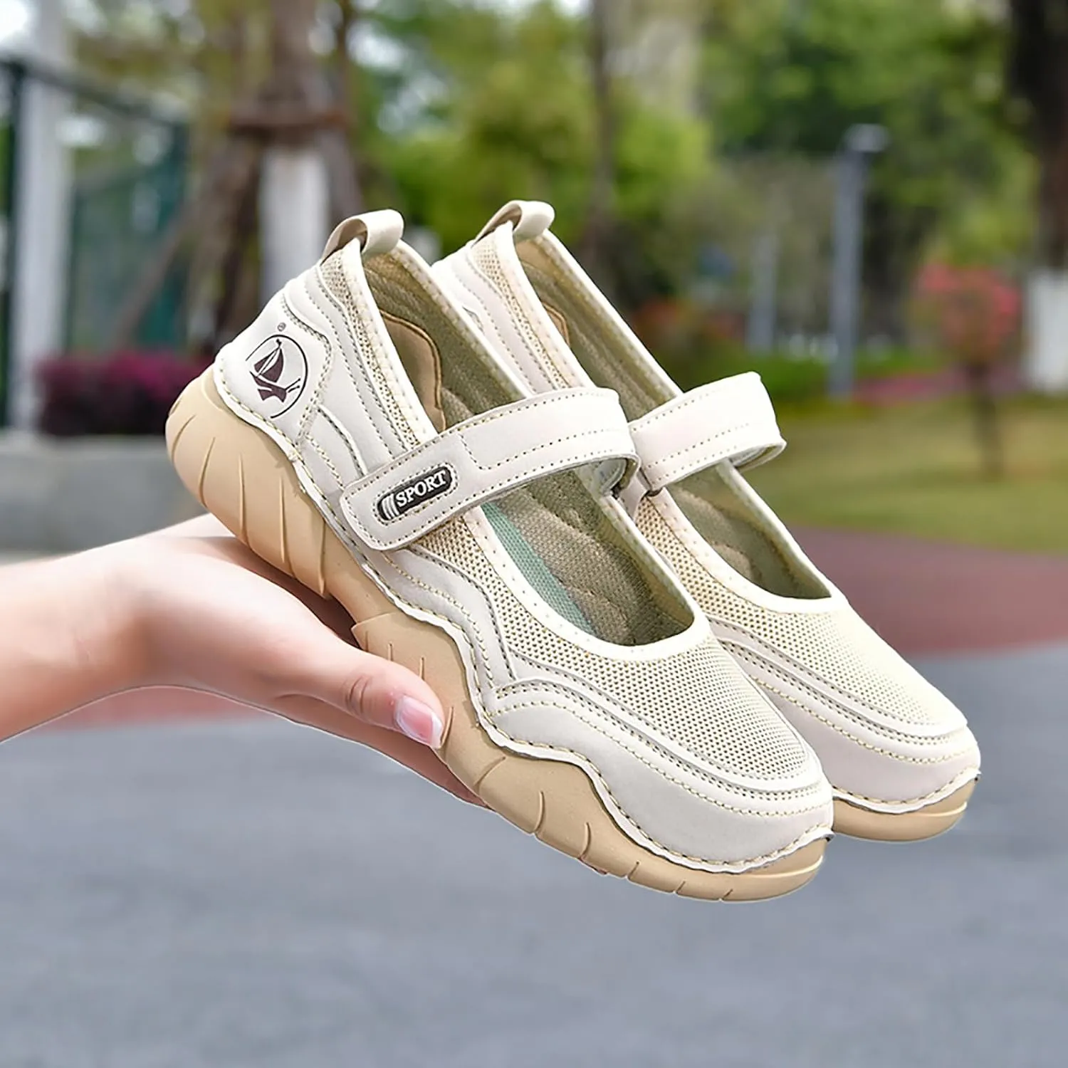 Women's Hollow Mesh Mary Jane Shoes Fashion Hand Stitching Lightweight Breathe Arch Support Non-Slip Sneakers Comfort Slip on Orthotic Casual Walking Shoes