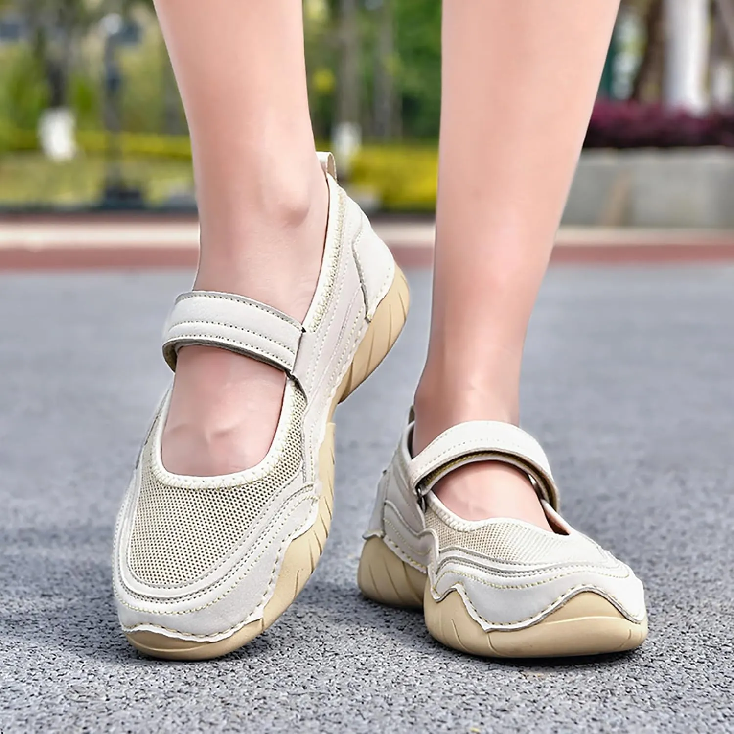Women's Hollow Mesh Mary Jane Shoes Fashion Hand Stitching Lightweight Breathe Arch Support Non-Slip Sneakers Comfort Slip on Orthotic Casual Walking Shoes