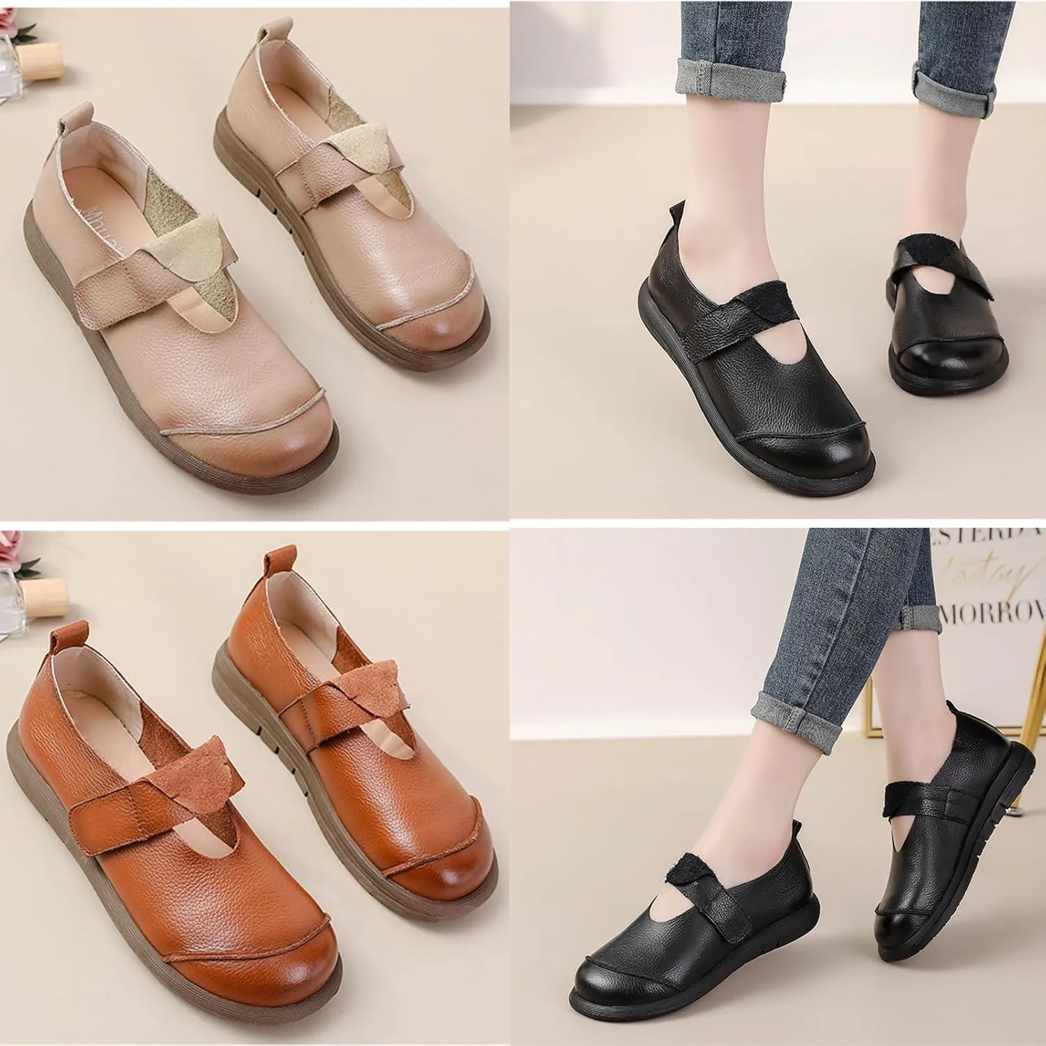 Women's Leather Platform Slip-On Mary Jane Love Shoes with Laces,Casual Soft-Soled Round-Toe Flat Shoes Suitable for Office, Driving and Walking