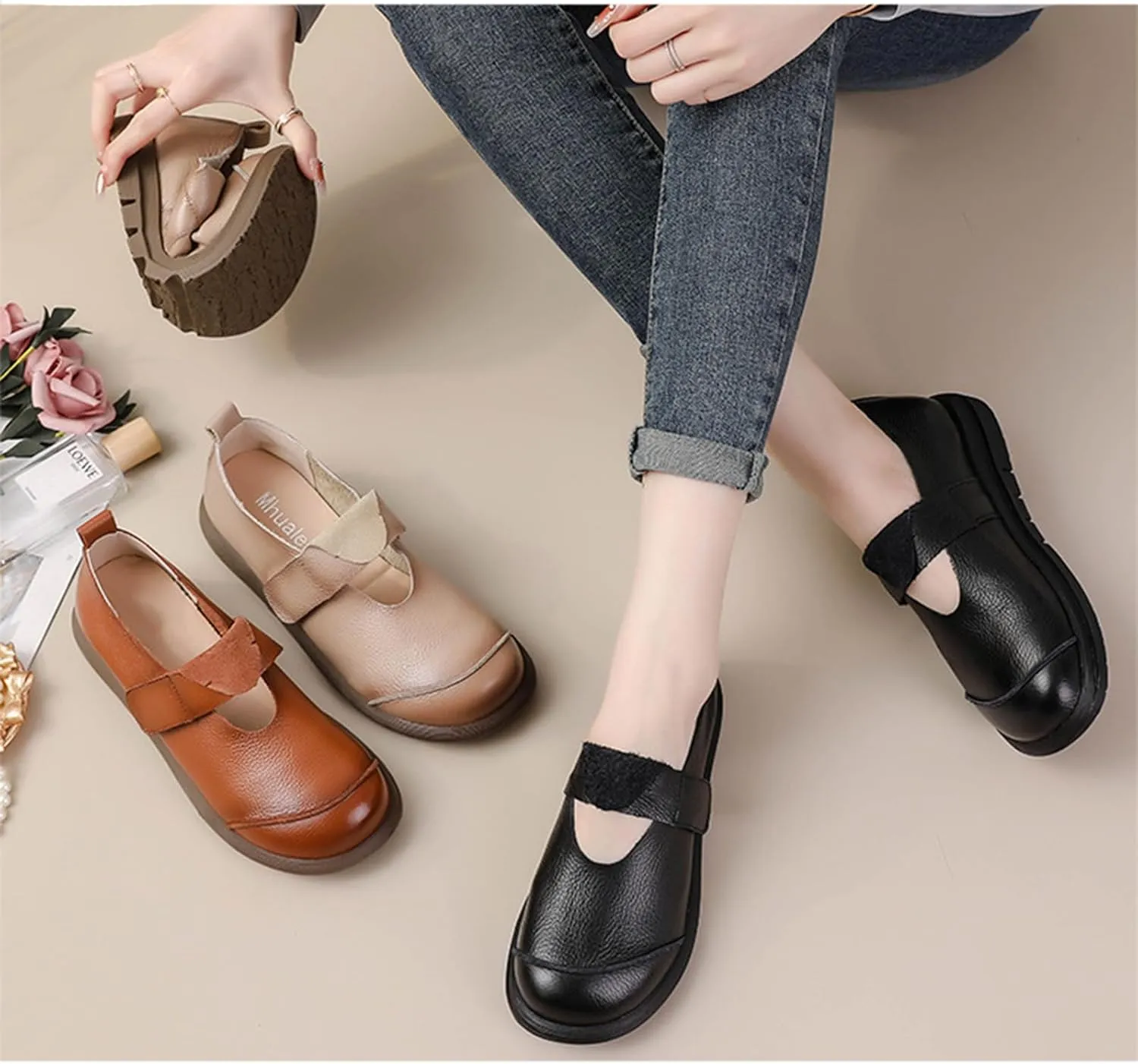 Women's Leather Platform Slip-On Mary Jane Love Shoes with Laces,Casual Soft-Soled Round-Toe Flat Shoes Suitable for Office, Driving and Walking
