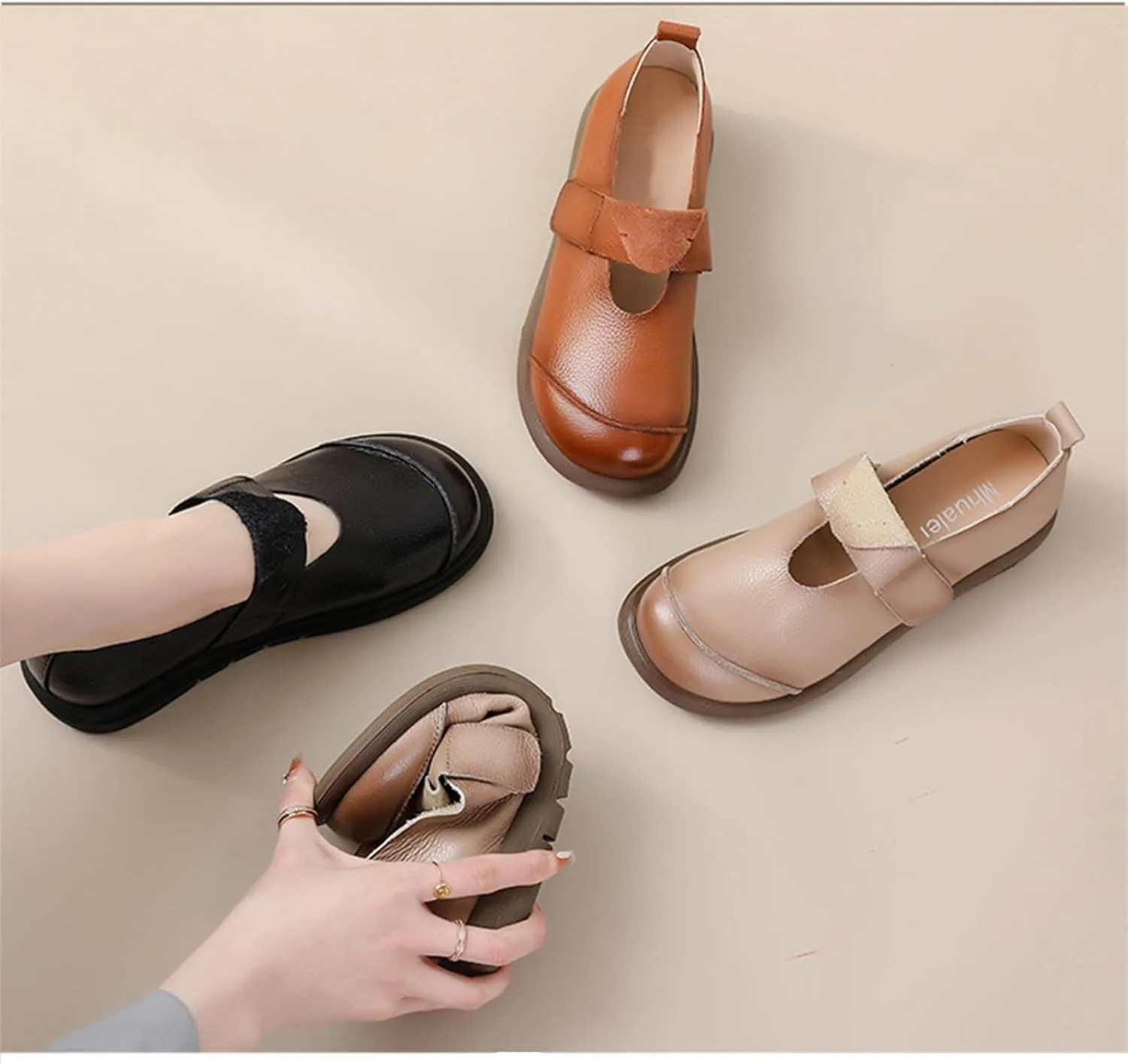 Women's Leather Platform Slip-On Mary Jane Love Shoes with Laces,Casual Soft-Soled Round-Toe Flat Shoes Suitable for Office, Driving and Walking