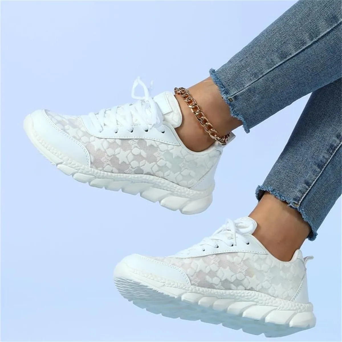 Women's Luxurious White Orthopedic Sneakers,Hollow Lace Print Sneakers,Breathable Mesh Shoes