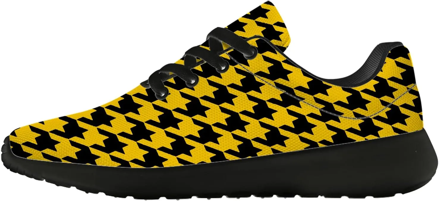 Womens Mens Cross Trainer Running Sneakers Lace Up Breathable Tennis Walking Shoes,Yellow Houndstooth,US Size 12 Women/10.5 Men