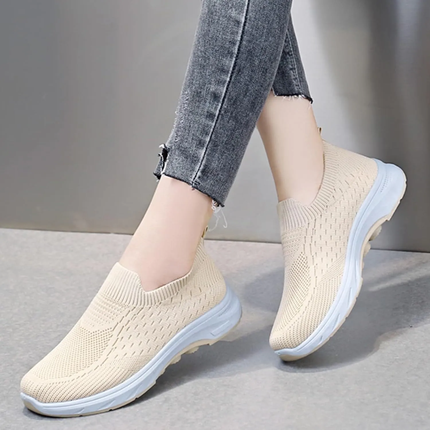 Women's Sneakers Non Slip Thick Bottom Sneakers Fashionable Breathable Mesh Shoes Stretch Minimalist Shoes