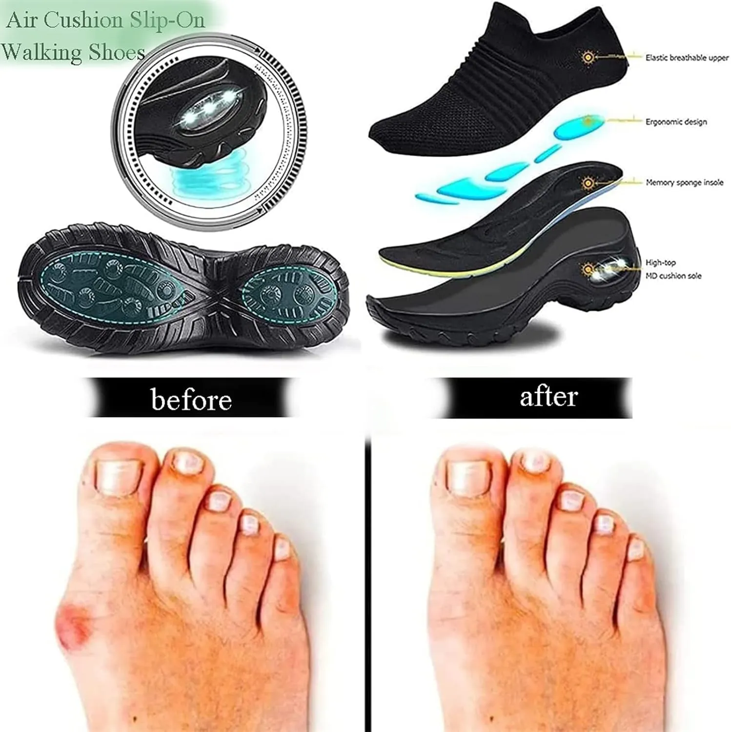 XIRUJNFD 2023 New Air Cushion Slip-on Walking Shoes Orthopedic Diabetic Walking Shoes for Women Men, Diabetic Shoes For Women (Black,12)